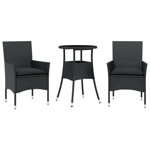 Spisebordssæt til haven 3dele m. hynder polyrattan og glas sort