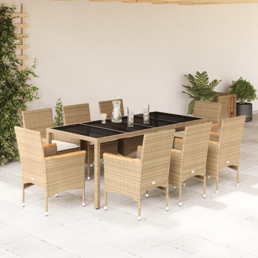 Spisebordssæt til haven 9 dele med hynder polyrattan og glas