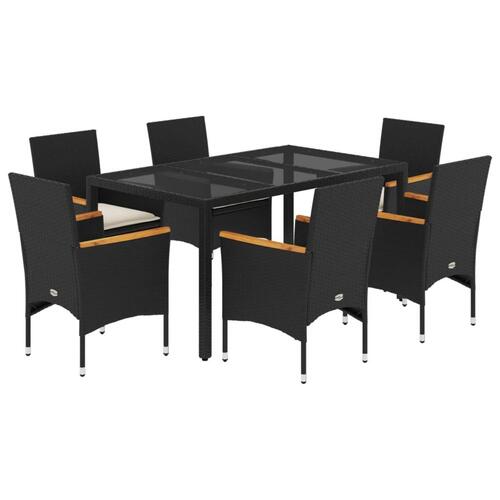 Spisebordssæt til haven 7dele m. hynder polyrattan og glas sort