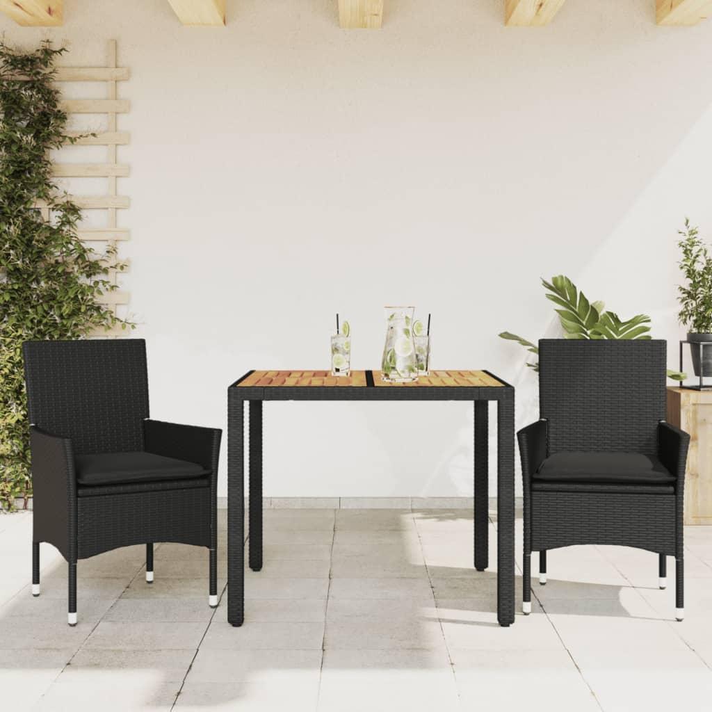 Spisebordssæt til haven 3dele m. hynder polyrattan og glas sort