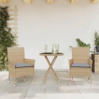 Bistrosæt til haven 3 dele med hynder polyrattan og glas beige