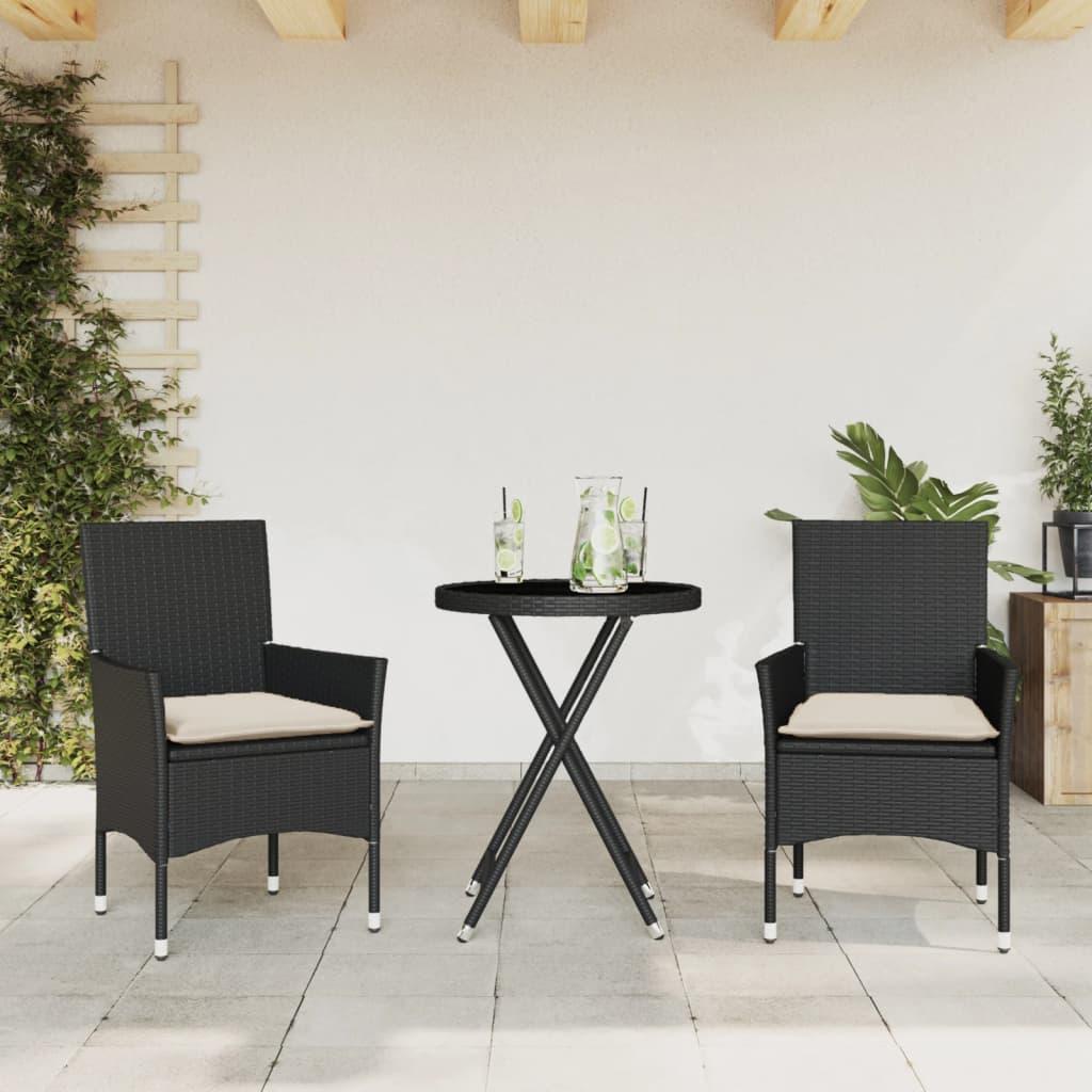 Bistrosæt til haven 3 dele med hynder polyrattan og glas sort