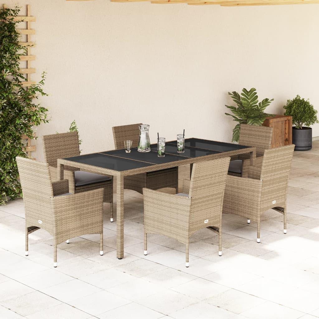 Spisebordssæt til haven 7 dele med hynder polyrattan og glas
