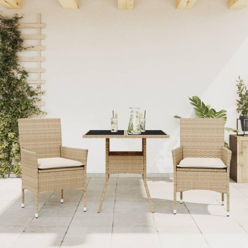 Spisebordssæt til haven 3 dele med hynder polyrattan og glas