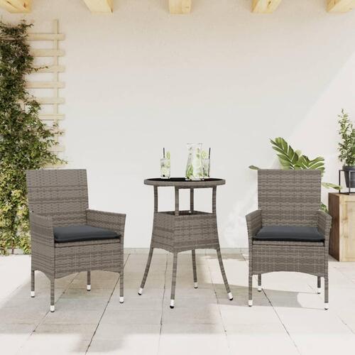 Spisebordssæt til haven 3dele med hynder polyrattan og glas grå