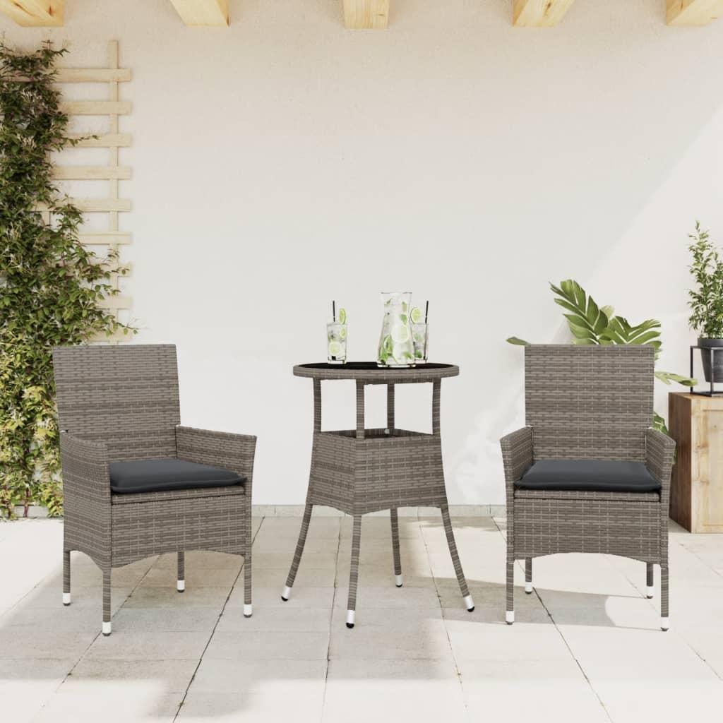 Spisebordssæt til haven 3dele med hynder polyrattan og glas grå