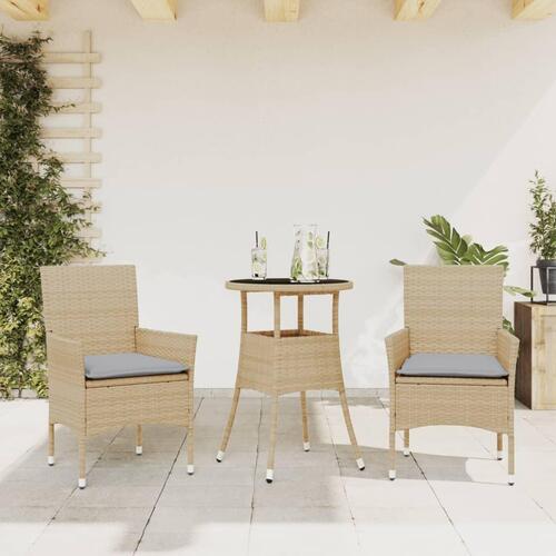 Spisebordssæt til haven 3 dele med hynder polyrattan og glas