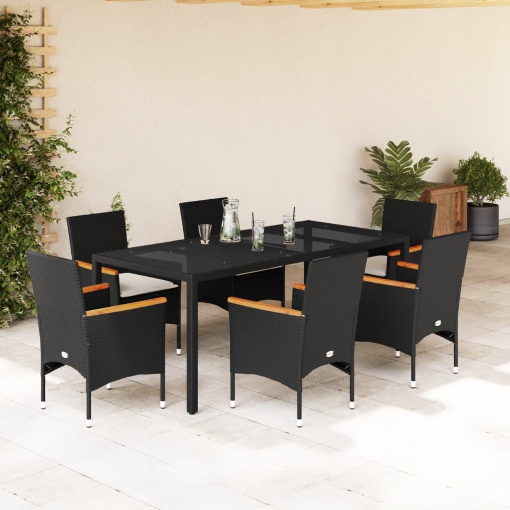 Spisebordssæt til haven 7dele m. hynder polyrattan og glas sort