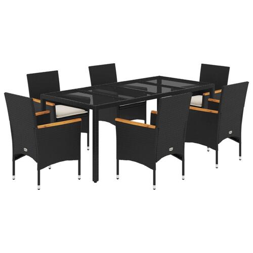 Spisebordssæt til haven 7dele m. hynder polyrattan og glas sort