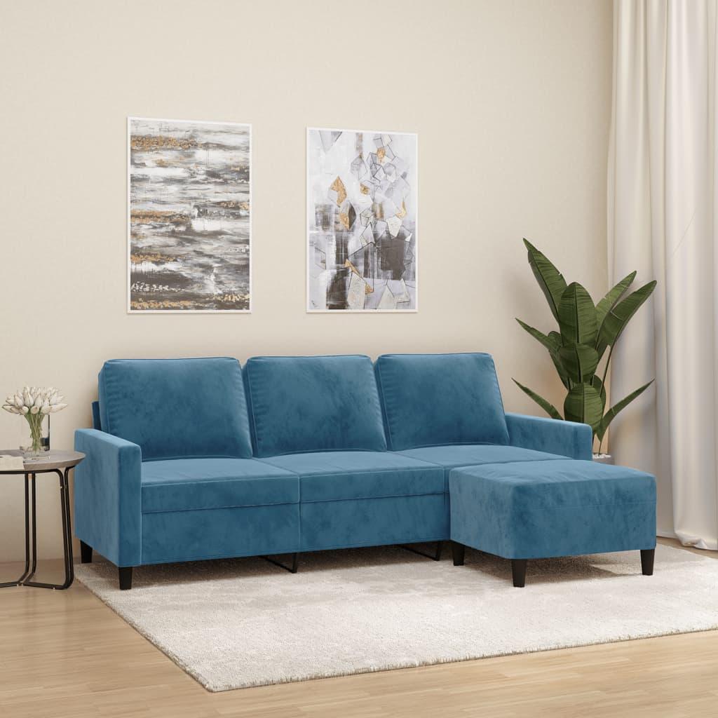3-personers sofa med fodskammel 180 cm velour blå