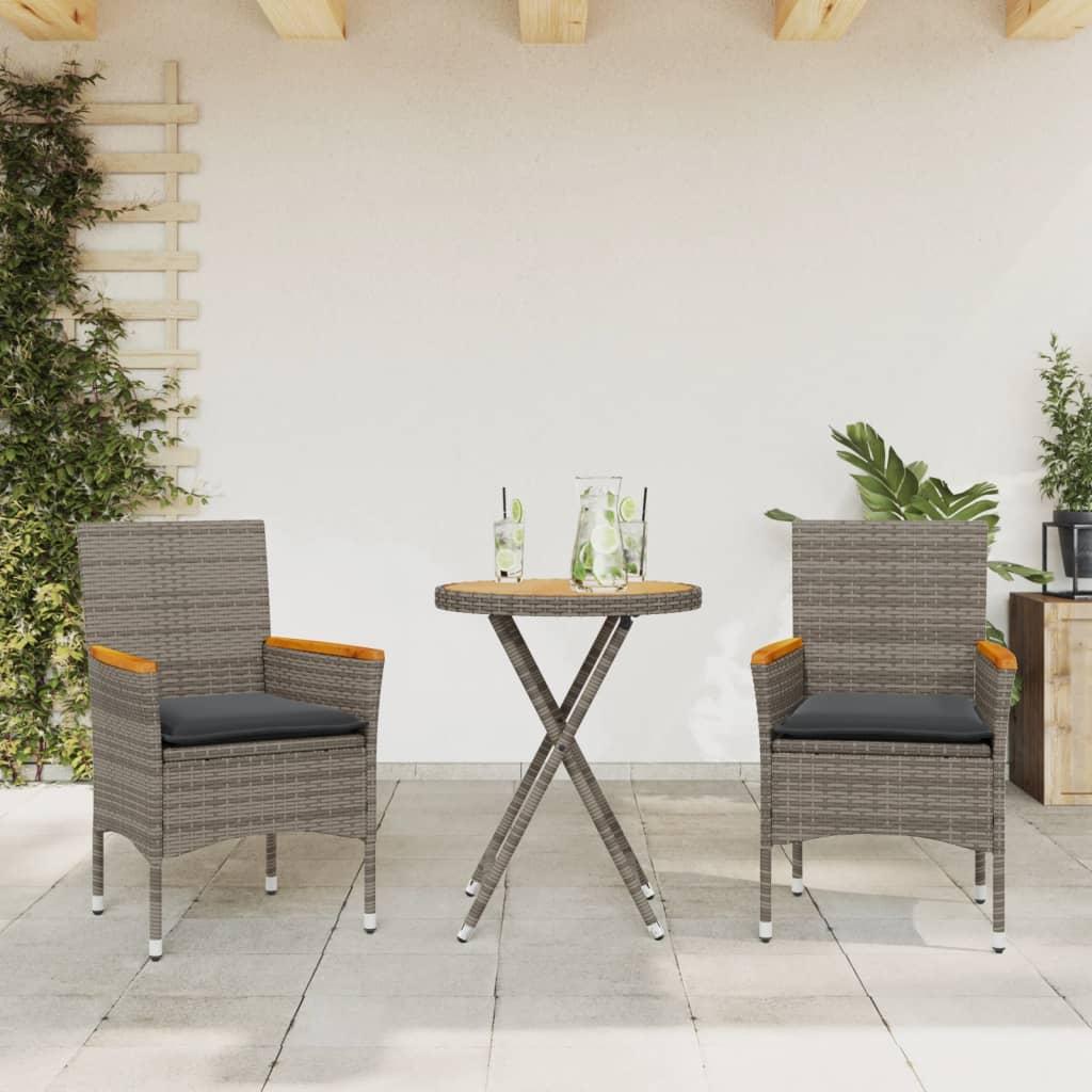 Bistrosæt 3 dele med hynder polyrattan og akacietræ grå