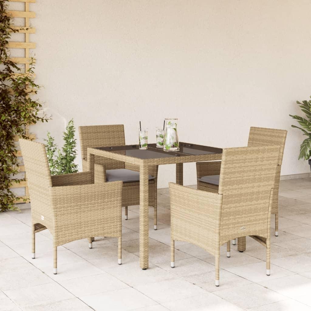 Spisebordssæt til haven 5 dele med hynder polyrattan og glas