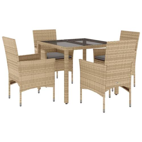 Spisebordssæt til haven 5 dele med hynder polyrattan og glas