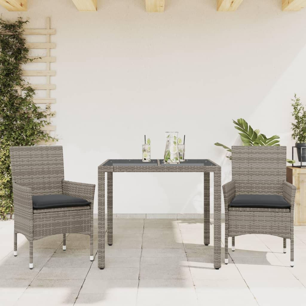 Spisebordssæt til haven 3dele med hynder polyrattan og glas grå