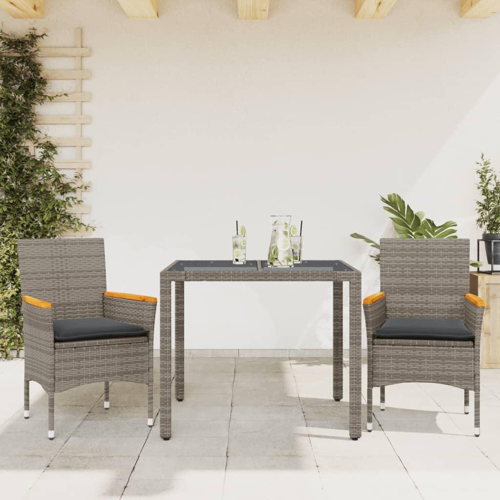 Spisebordssæt til haven 3dele med hynder polyrattan og glas grå