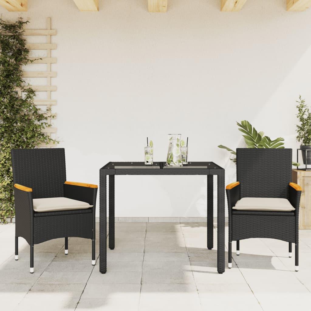 Spisebordssæt til haven 3dele m. hynder polyrattan og glas sort