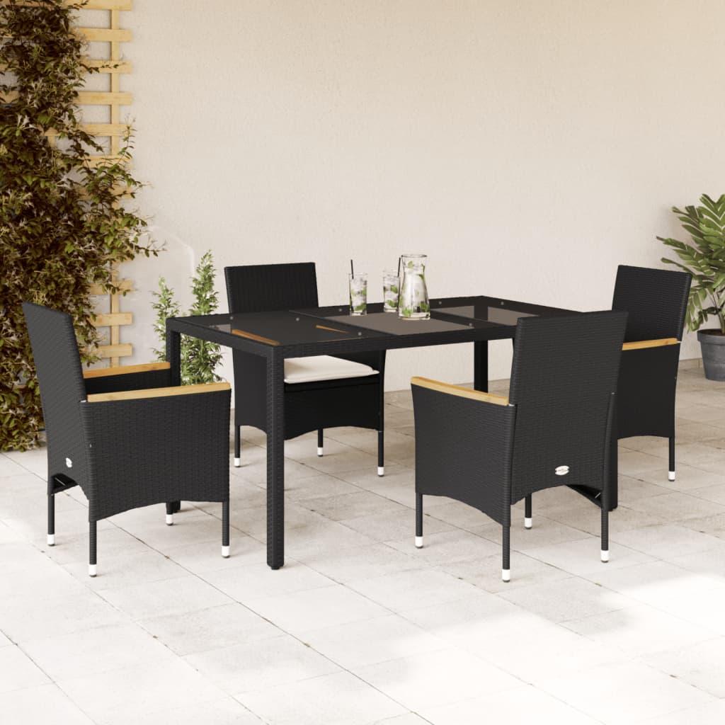 Spisebordssæt til haven 5dele m. hynder polyrattan og glas sort