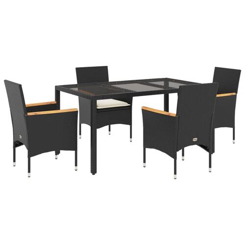 Spisebordssæt til haven 5dele m. hynder polyrattan og glas sort