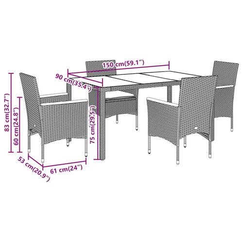 Spisebordssæt til haven 5dele m. hynder polyrattan og glas sort