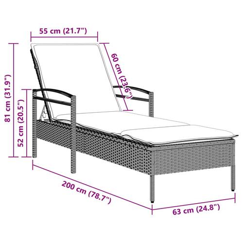 Liggestol med hynde 63x200x81 cm polyrattan lysegrå