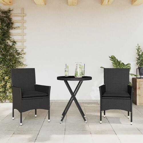 Bistrosæt til haven 3 dele med hynder polyrattan og glas sort
