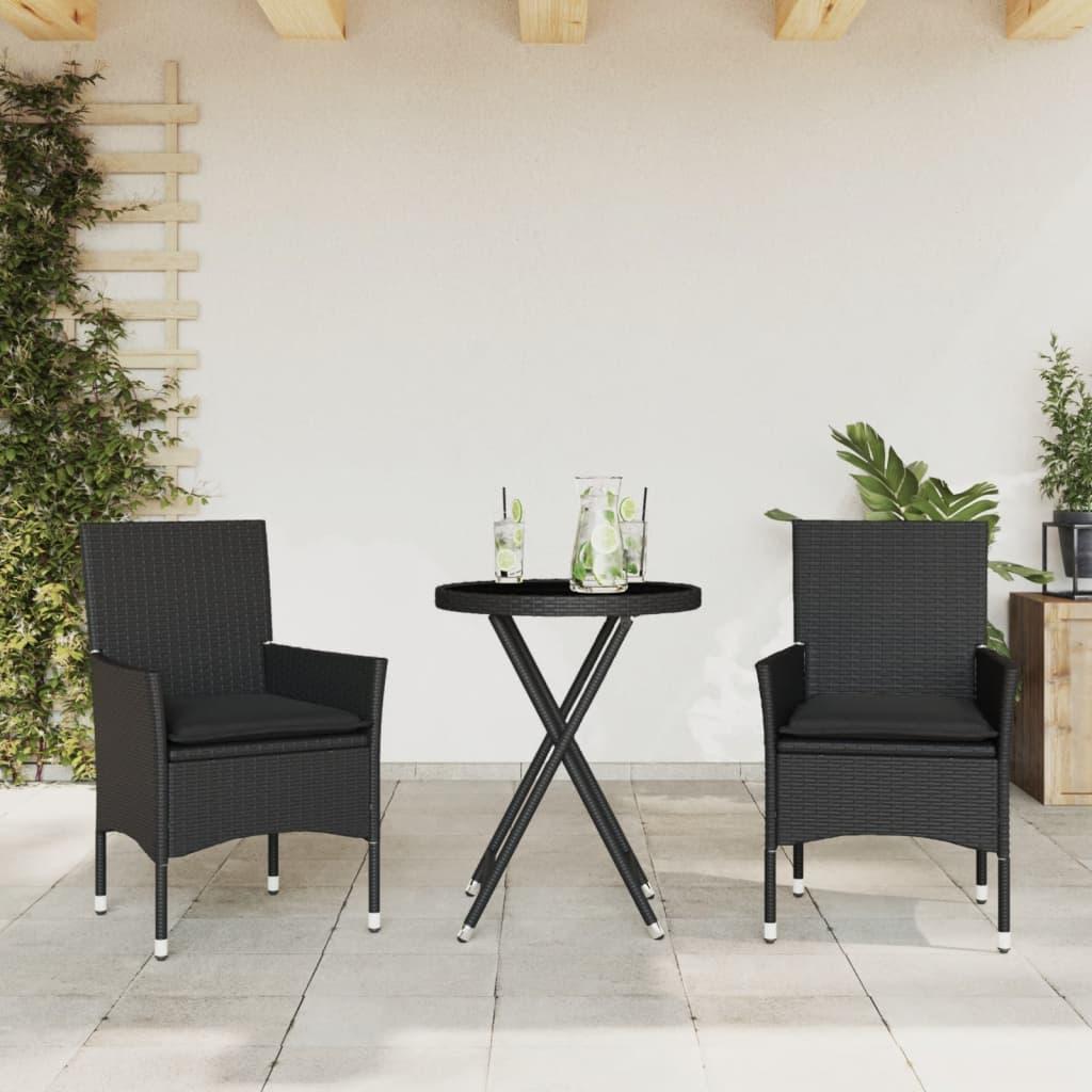 Bistrosæt til haven 3 dele med hynder polyrattan og glas sort