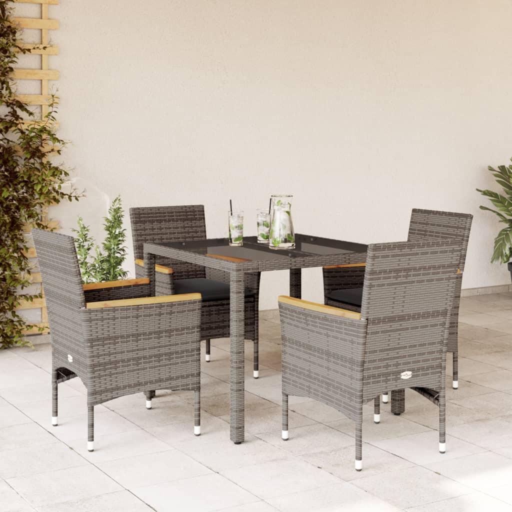 Spisebordssæt til haven 5dele med hynder polyrattan og glas grå