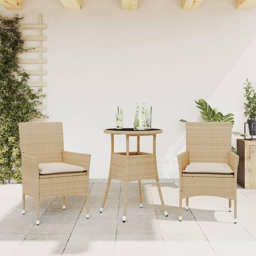 Spisebordssæt til haven 3 dele med hynder polyrattan og glas