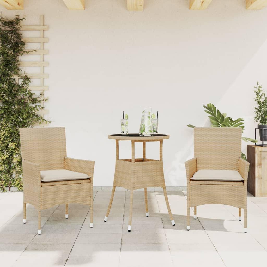 Spisebordssæt til haven 3 dele med hynder polyrattan og glas