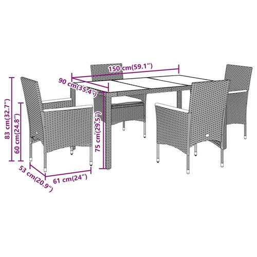 Spisebordssæt til haven 5 dele med hynder polyrattan og glas