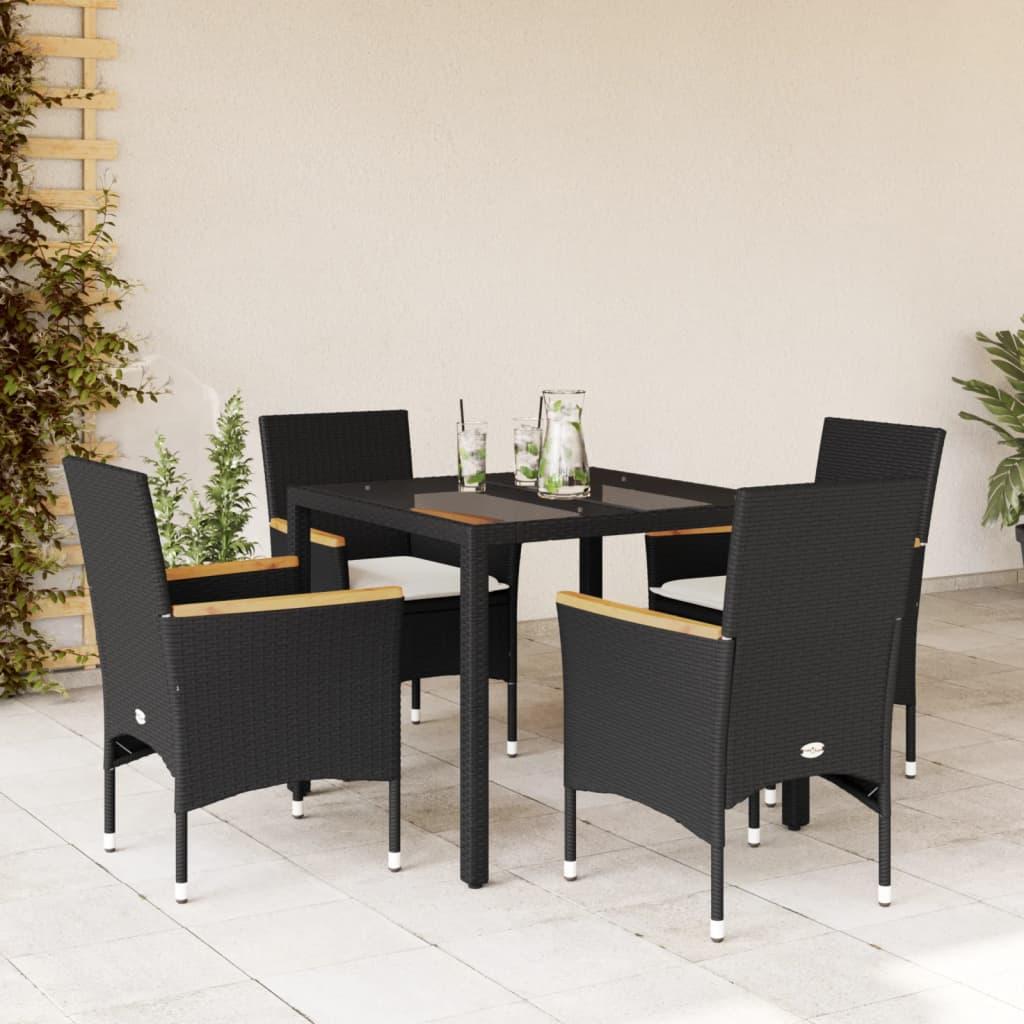 Spisebordssæt til haven 5dele m. hynder polyrattan og glas sort