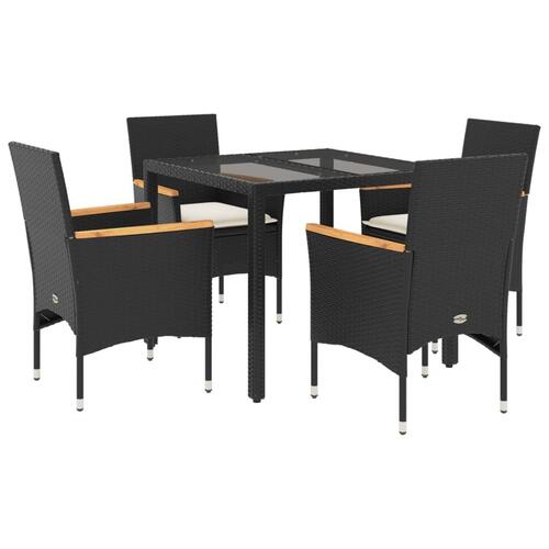 Spisebordssæt til haven 5dele m. hynder polyrattan og glas sort