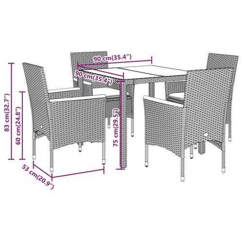 Spisebordssæt til haven 5dele m. hynder polyrattan og glas sort