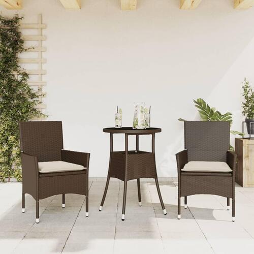 Spisebordssæt til haven 3dele m. hynder polyrattan og glas brun