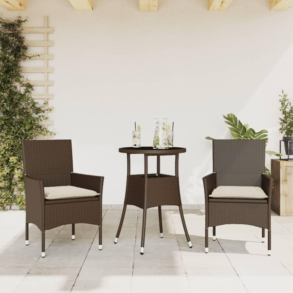Spisebordssæt til haven 3dele m. hynder polyrattan og glas brun
