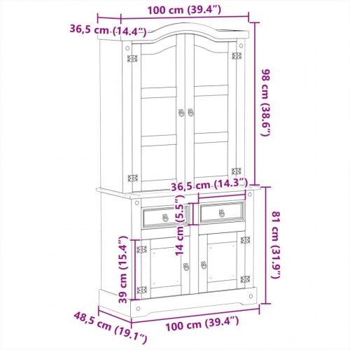 Glasskab Corona 100x48,5x179 cm massivt fyrretræ
