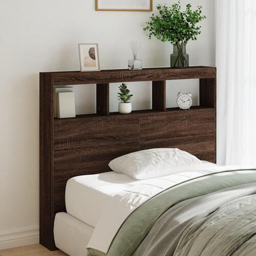 Sengegavl med opbevaring og LED-lys 120x17x102 cm brunt eg