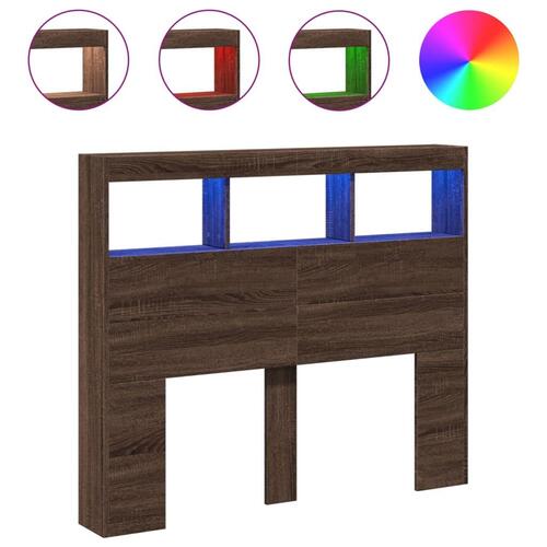 Sengegavl med opbevaring og LED-lys 120x17x102 cm brunt eg