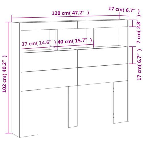 Sengegavl med opbevaring og LED-lys 120x17x102 cm brunt eg