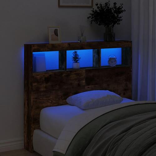 Sengegavl med opbevaring og LED-lys 120x17x102 cm røget eg
