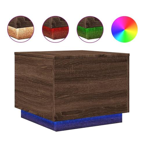 Sofabord med LED-lys 50x50x40 cm brun egetræ