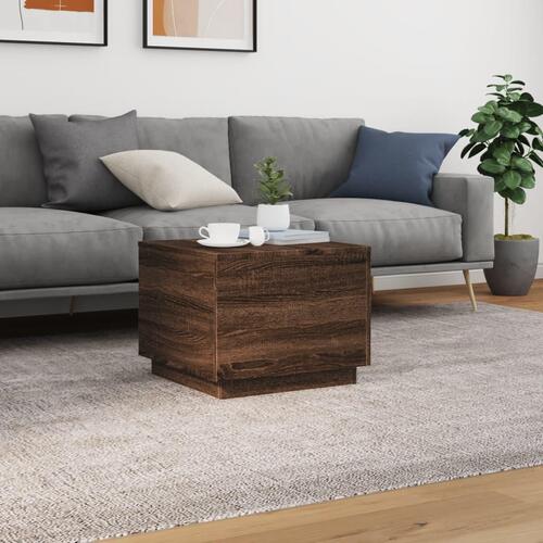 Sofabord med LED-lys 50x50x40 cm brun egetræ