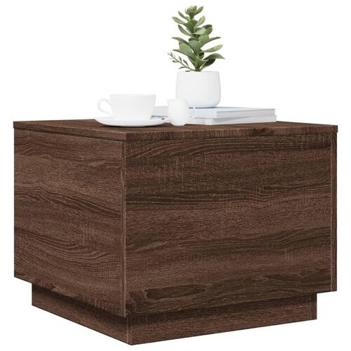 Sofabord med LED-lys 50x50x40 cm brun egetræ