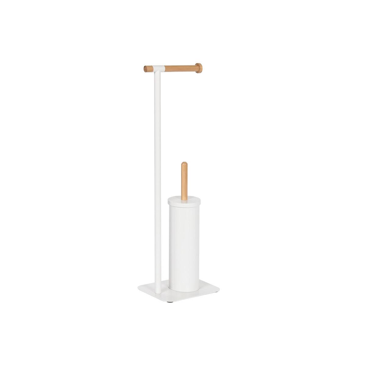 Toiletpapirholder med toiletbørste - hvid/natur, metal og bambus, 22 × 16 × 68 cm