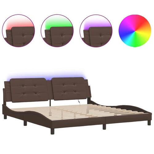 Sengeramme med LED-lys 200x200 cm kunstlæder brun