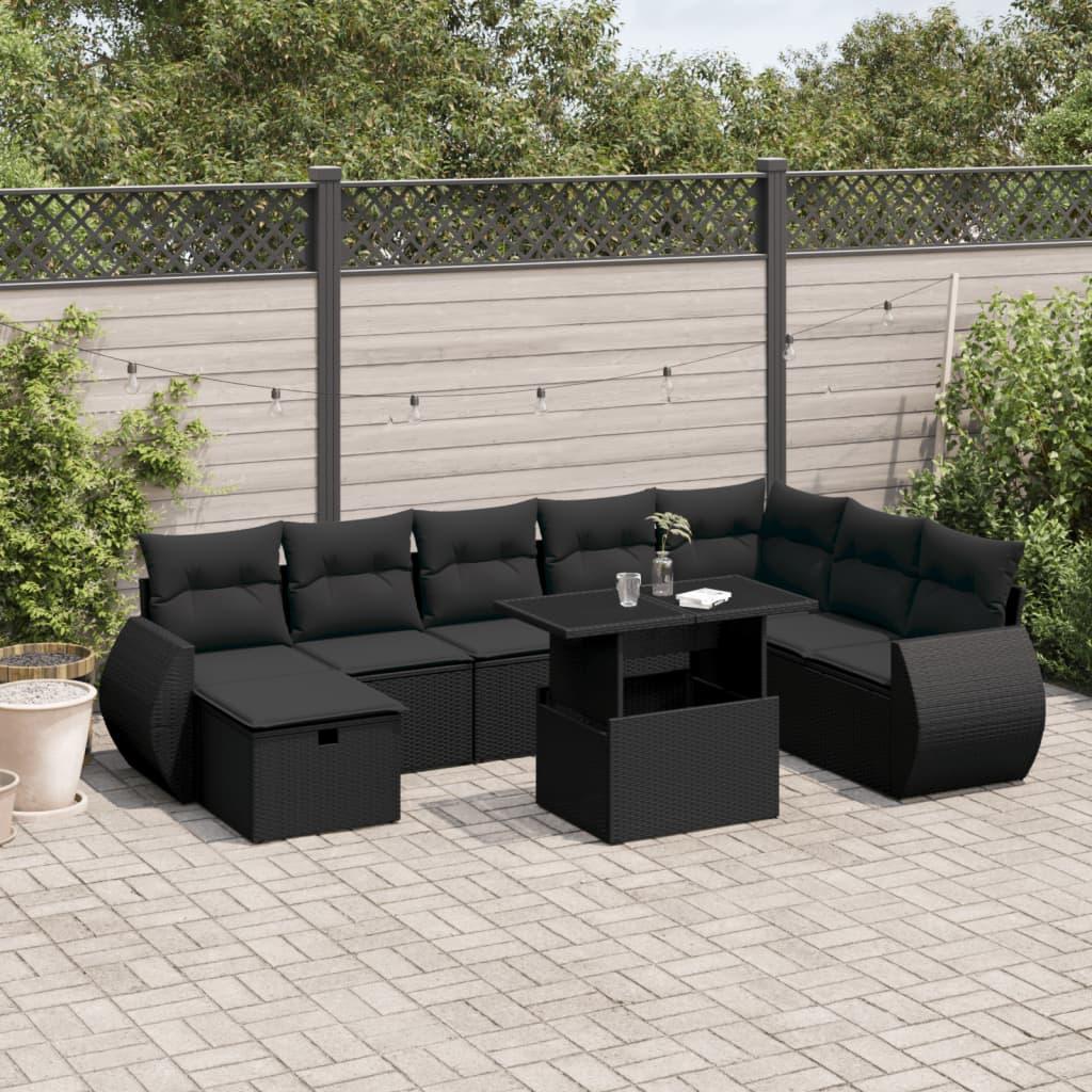 Sofasæt til haven 9 dele med hynder polyrattan sort