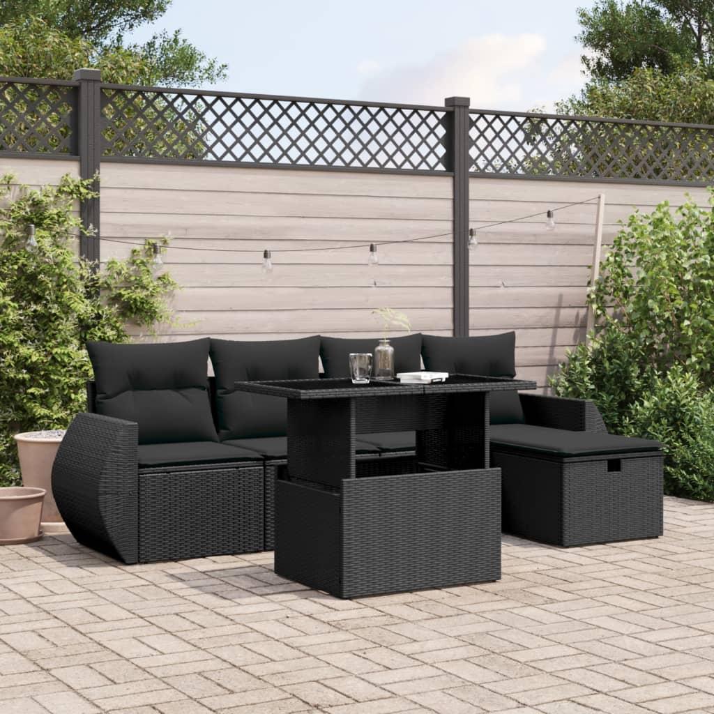 Havesofasæt 6 dele med hynder og løftebord i polyrattan sort billede