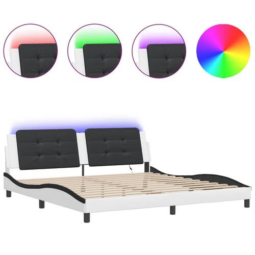 Sengeramme med LED-lys 200x200 cm kunstlæder hvid og sort