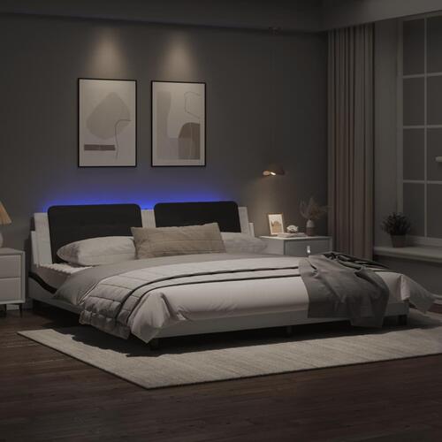 Sengeramme med LED-lys 200x200 cm kunstlæder hvid og sort