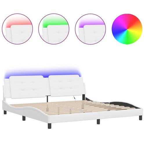 Sengeramme med LED-lys 200x200 cm kunstlæder hvid